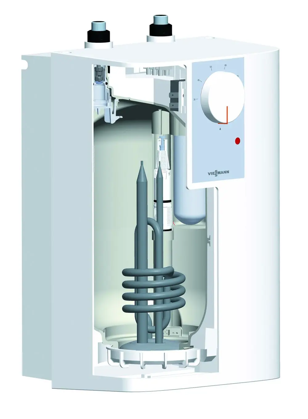 Viessmann Elektro-Kleinspeicher, aufgeschnitten, zeigt interne Komponenten wie Heizspirale und Temperaturregler in einem kompakten, weißen Gehäuse.